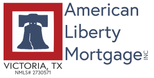 American Liberty Mortgage logo featuring a bell, with text "American Liberty Mortgage, Inc. Victoria, TX" and NMLS number, representing mortgage services in Victoria, Texas.